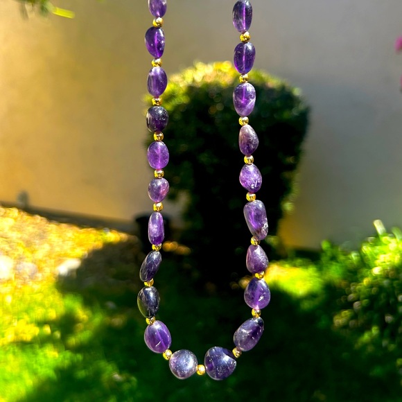 Jewelry - NWOT Amethyst Purple Gemstone and Goldtoned Bead Necklace 18” Long